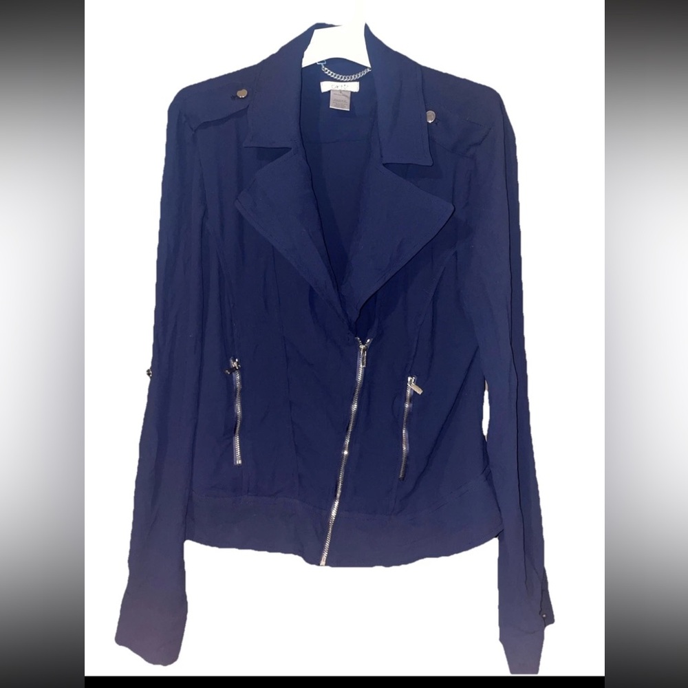 Vintage Cache Women’s Jacket Shirt Navy Blue Zipper w/Pockets sz 8 Sheer Back